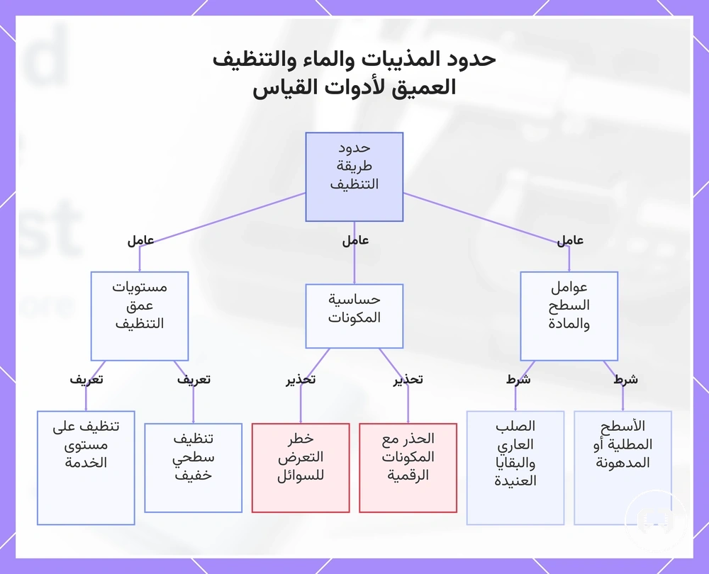 حدود المذيبات والماء والتنظيف العميق لأدوات القياس