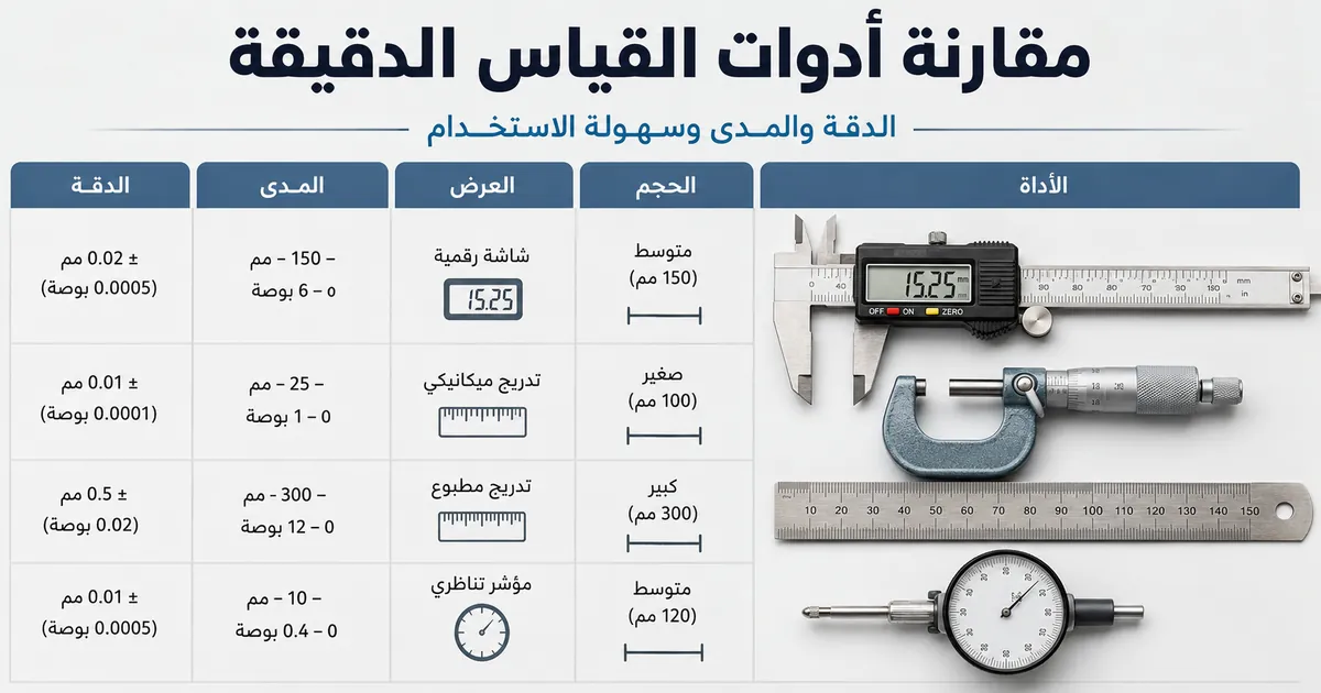 أدوات قياس دقيقة مقارنة حسب الحجم ونوع العرض ومدى القياس والدقة