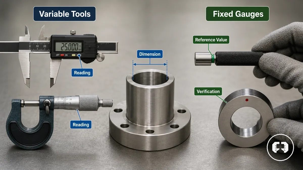 Vergleich von variablem Messwerkzeug und fester Bezugslehre an einem Werkstück