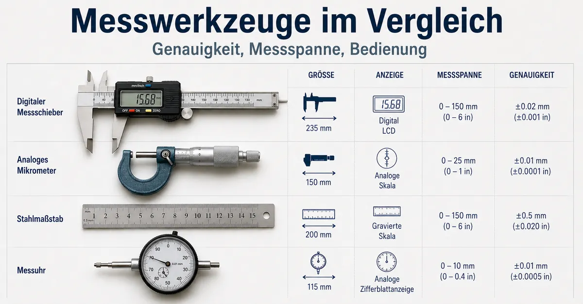 Präzisionsmesswerkzeuge verglichen nach Größe, Anzeigeart, Messspanne und Genauigkeit