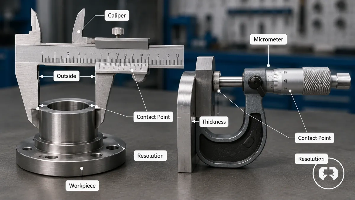 Caliper and micrometer showing direct measurement contact points on a workpiece