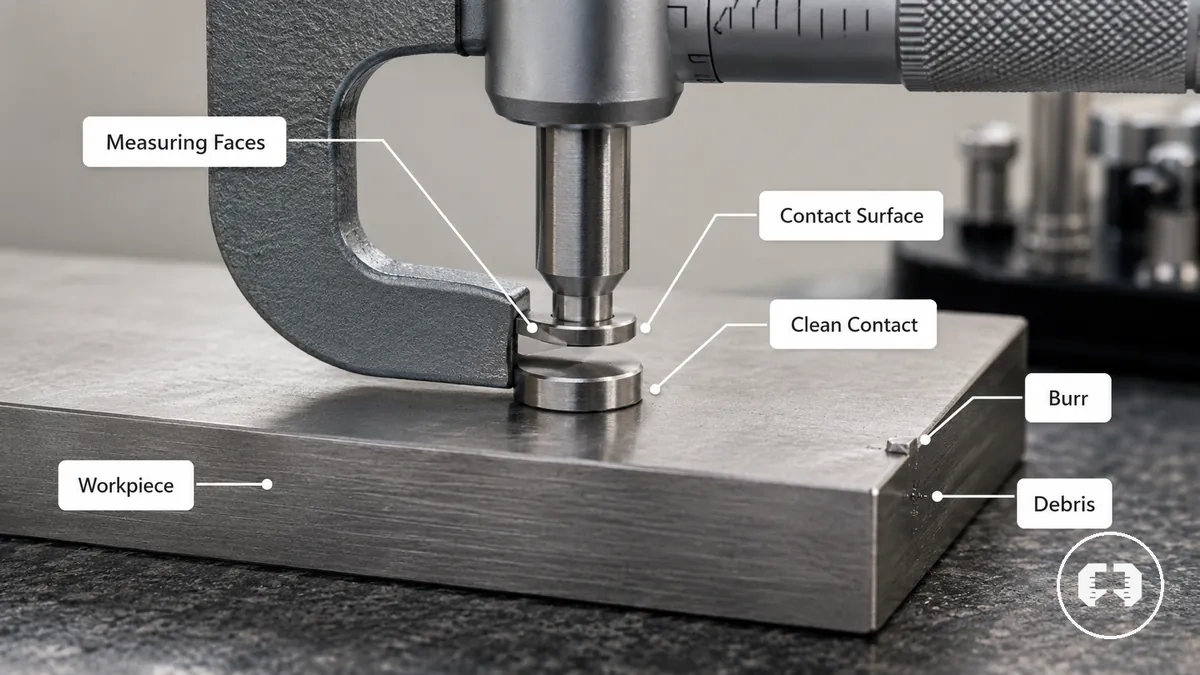 Clean measuring faces and contact surfaces with debris-free contact and possible burr location