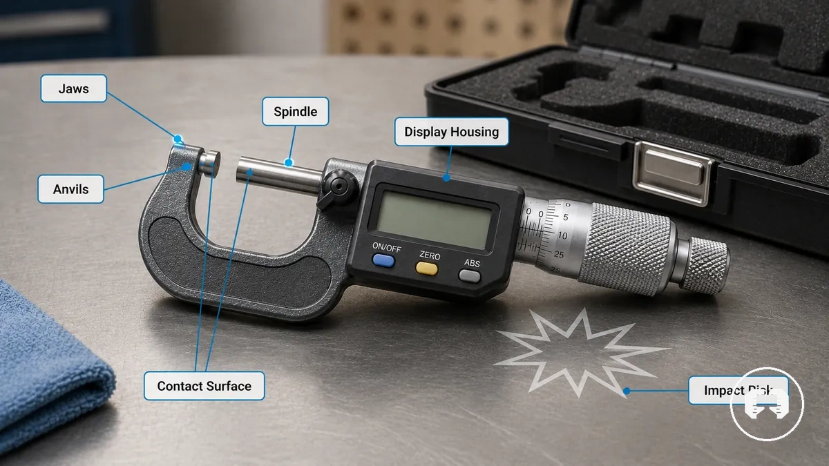 Annotated precision measuring tool showing jaws, anvils, spindle, display housing, contact surfaces, protective case, and impact-risk points
