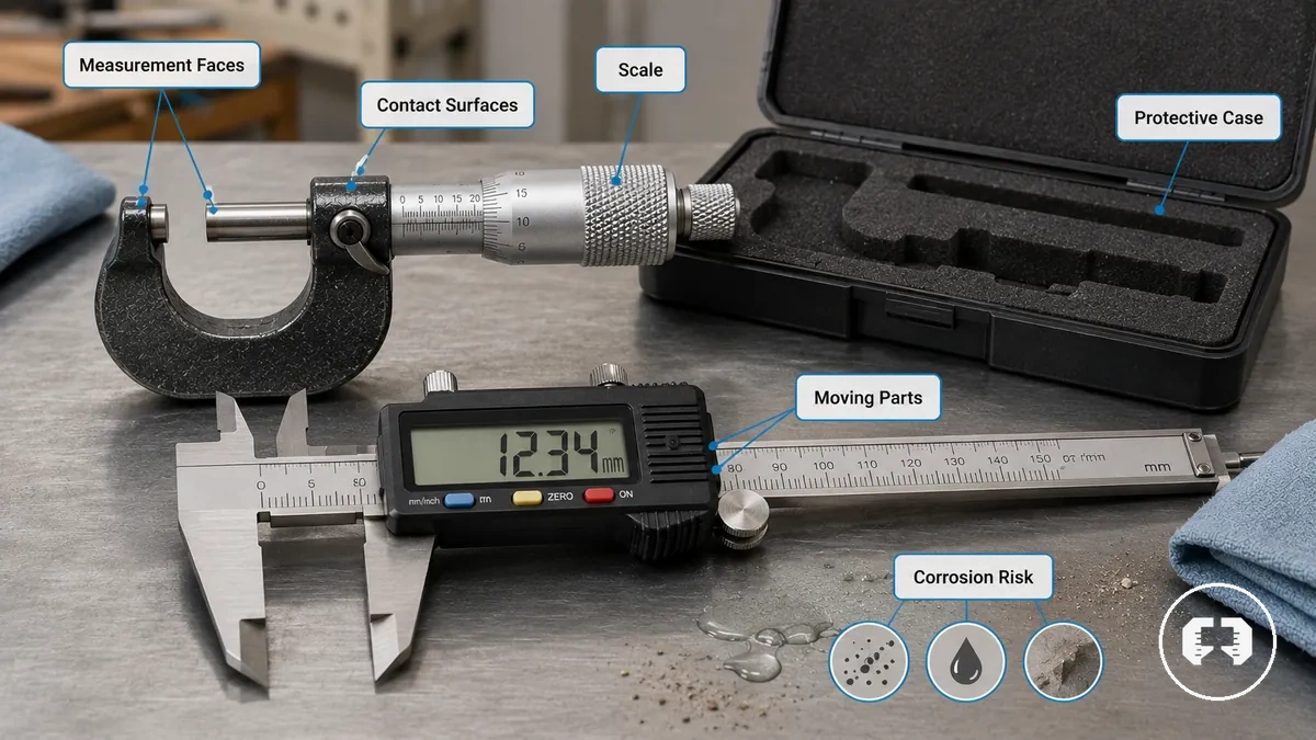 Annotated precision measuring tool showing contact faces, scale, moving parts, storage case boundary, and contamination risk labels