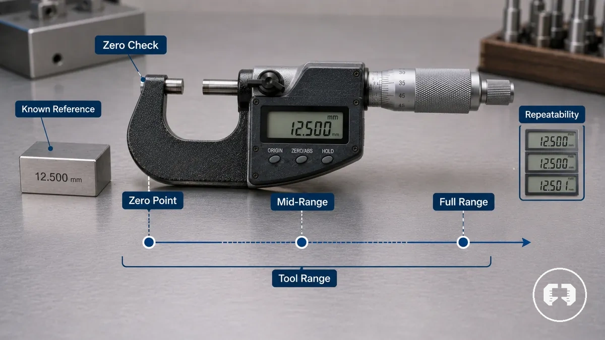 Diagram showing zero check and full range accuracy points on a precision measuring tool