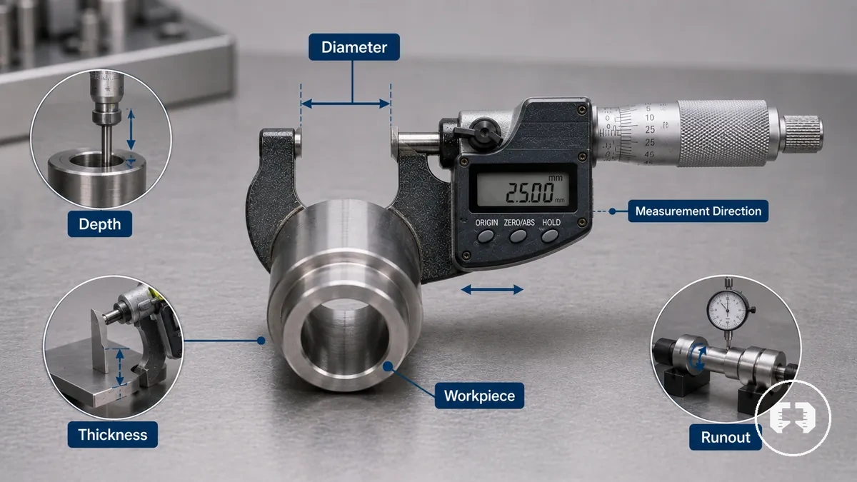 Precision measuring tool measuring a labeled workpiece dimension