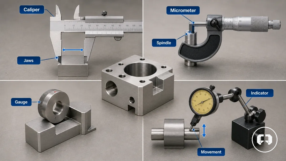 Comparison of calipers, micrometers, gauges, and indicators by measurement role