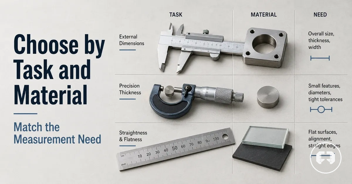 Precision measuring tools positioned near different materials and measurement tasks