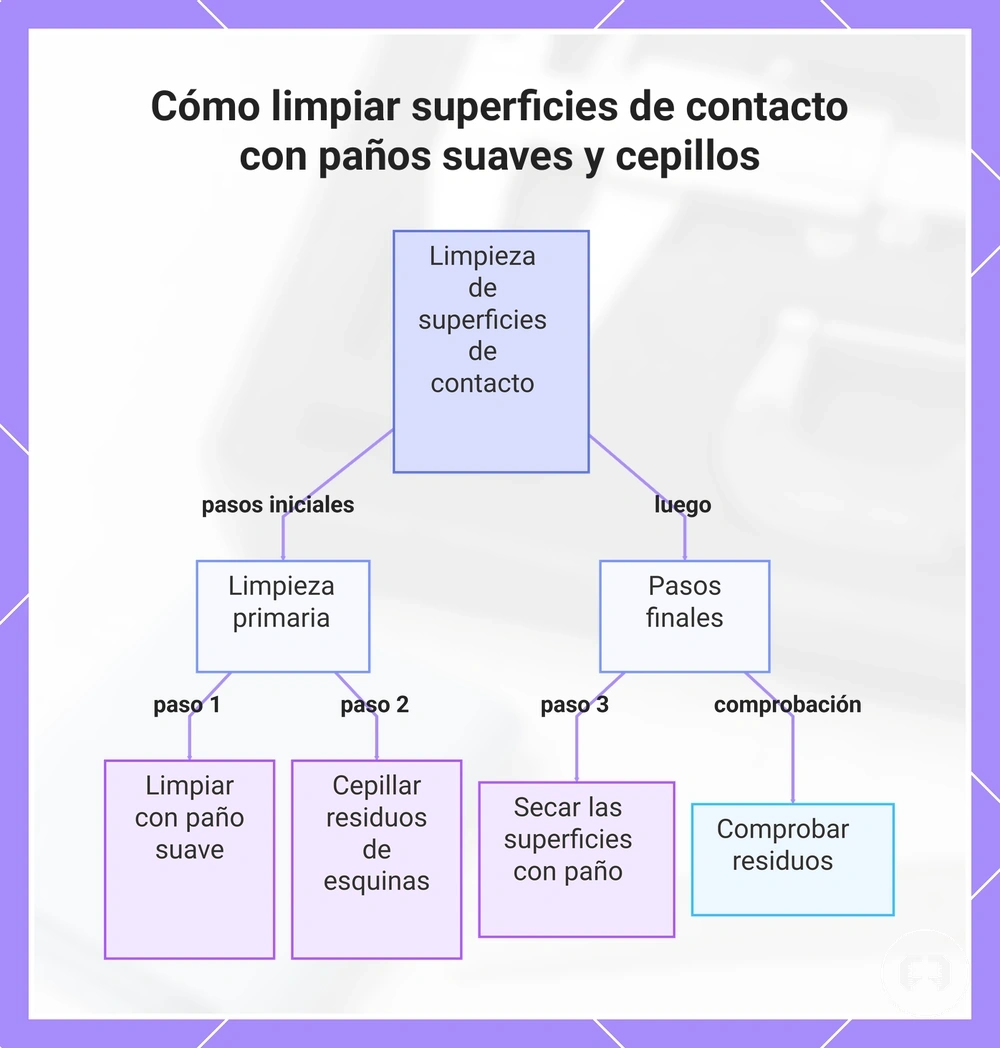 Cómo limpiar superficies de contacto con paños suaves y cepillos