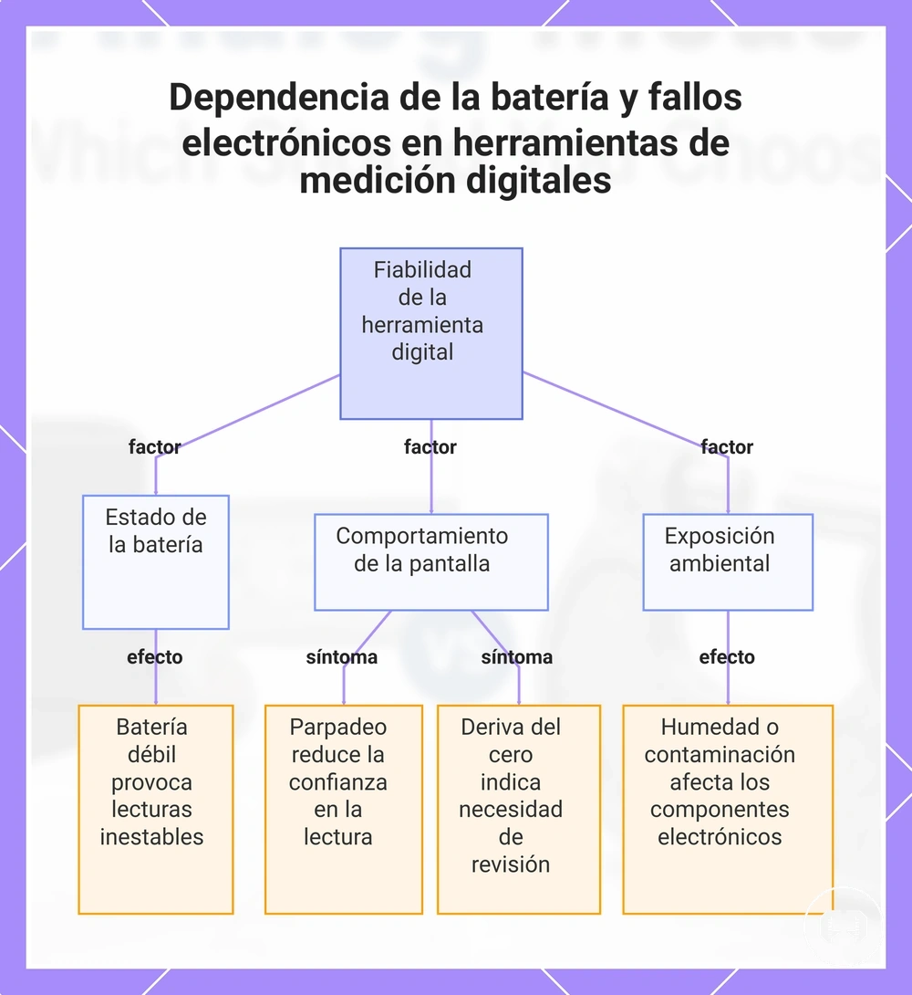 Dependencia de la batería y fallos electrónicos en herramientas de medición digitales