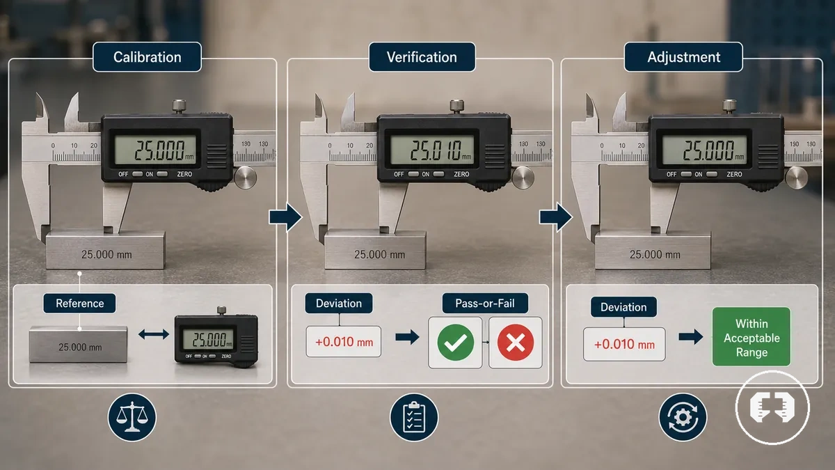 Comparación de calibración, verificación y ajuste para herramientas de medición de precisión