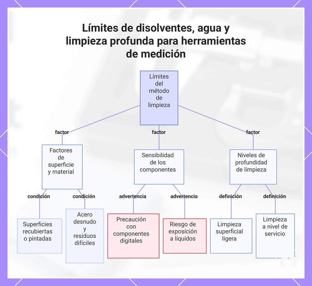 Límites de disolventes, agua y limpieza profunda para herramientas de medición