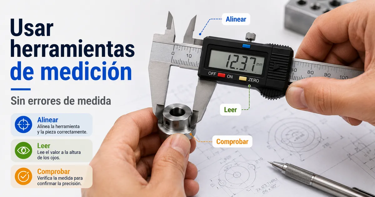 Manos usando herramientas de medición de precisión con cuidado para reducir errores de medida