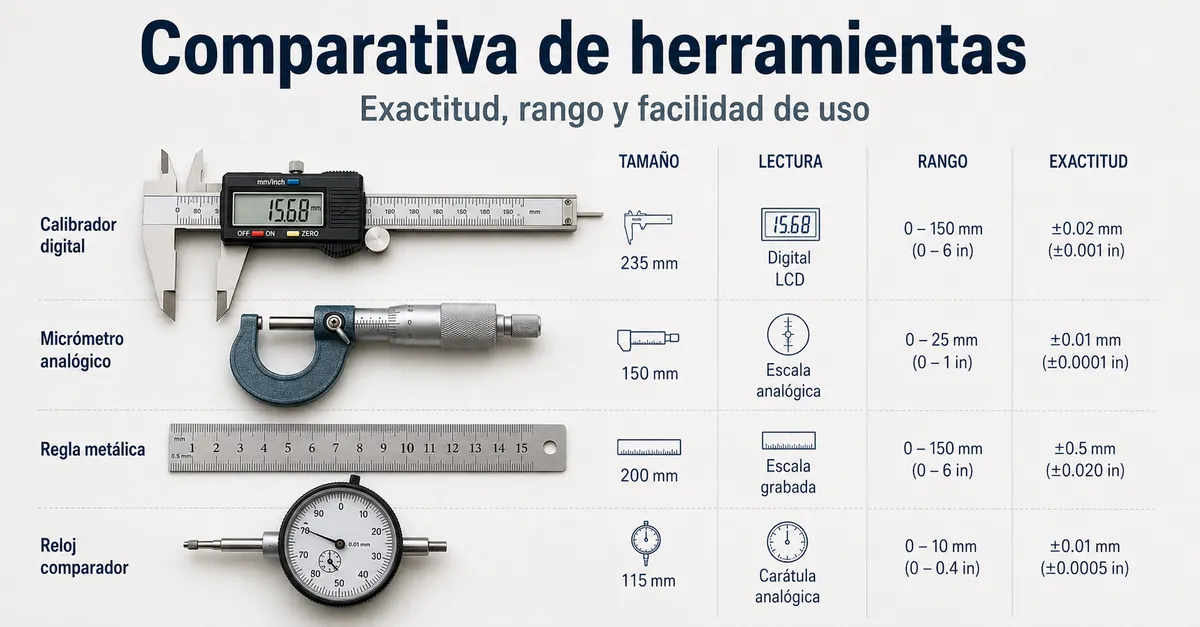 Herramientas de medición de precisión comparadas por tamaño, tipo de lectura, rango y exactitud