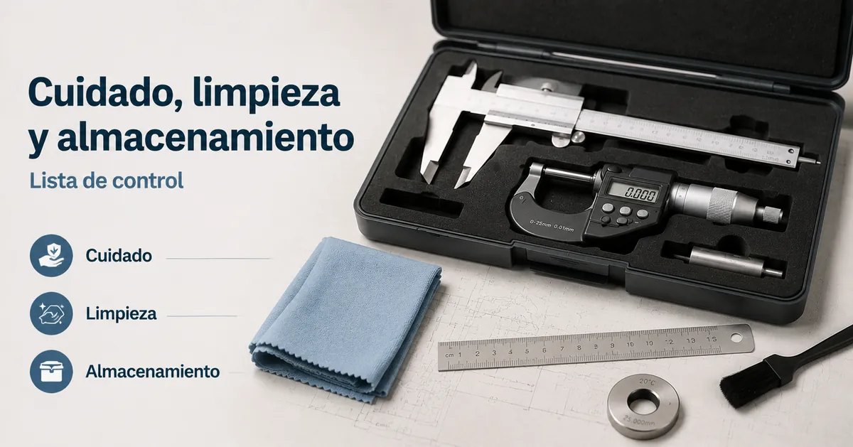 Herramientas de medición de precisión limpias y guardadas en un estuche protector tras su uso