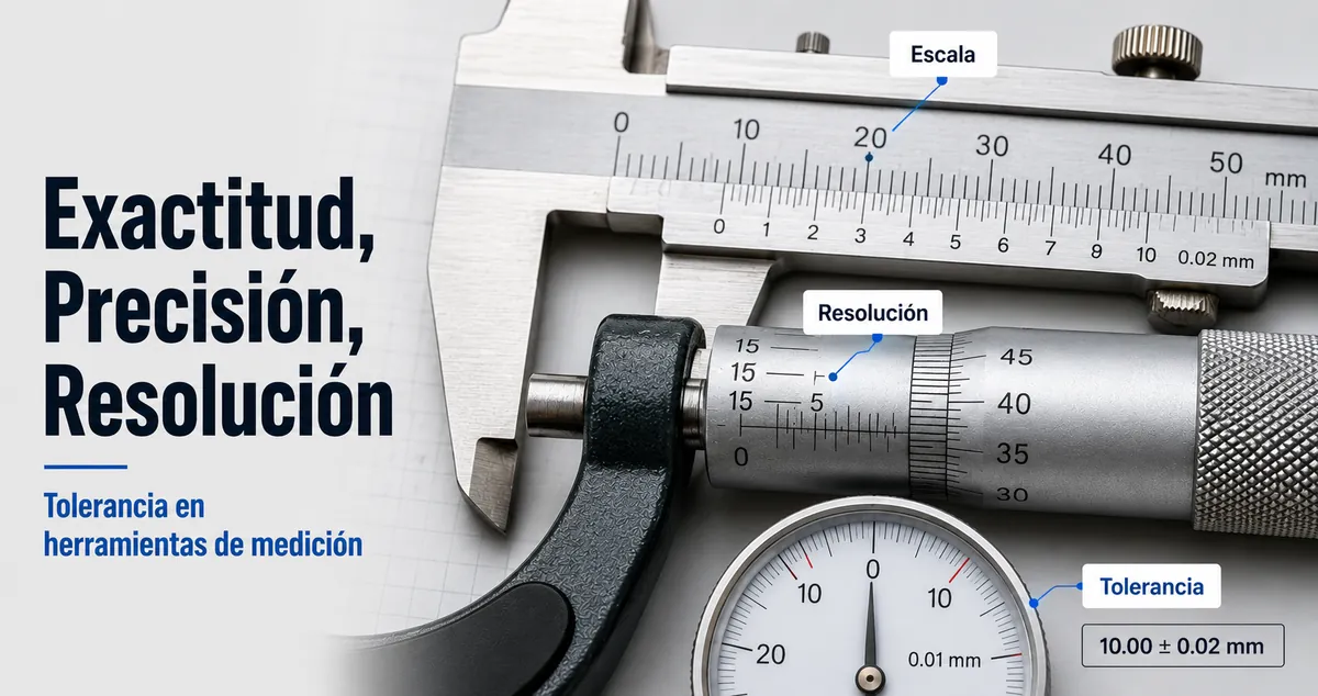 Primer plano de escalas de herramientas de medición de precisión con detalles de exactitud, resolución y tolerancia