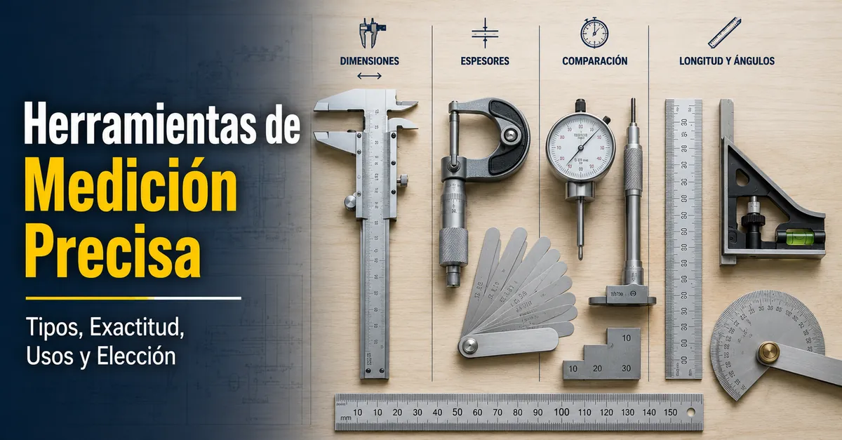 Herramientas de medición de precisión ordenadas para comparar tipos, exactitud y usos de medición