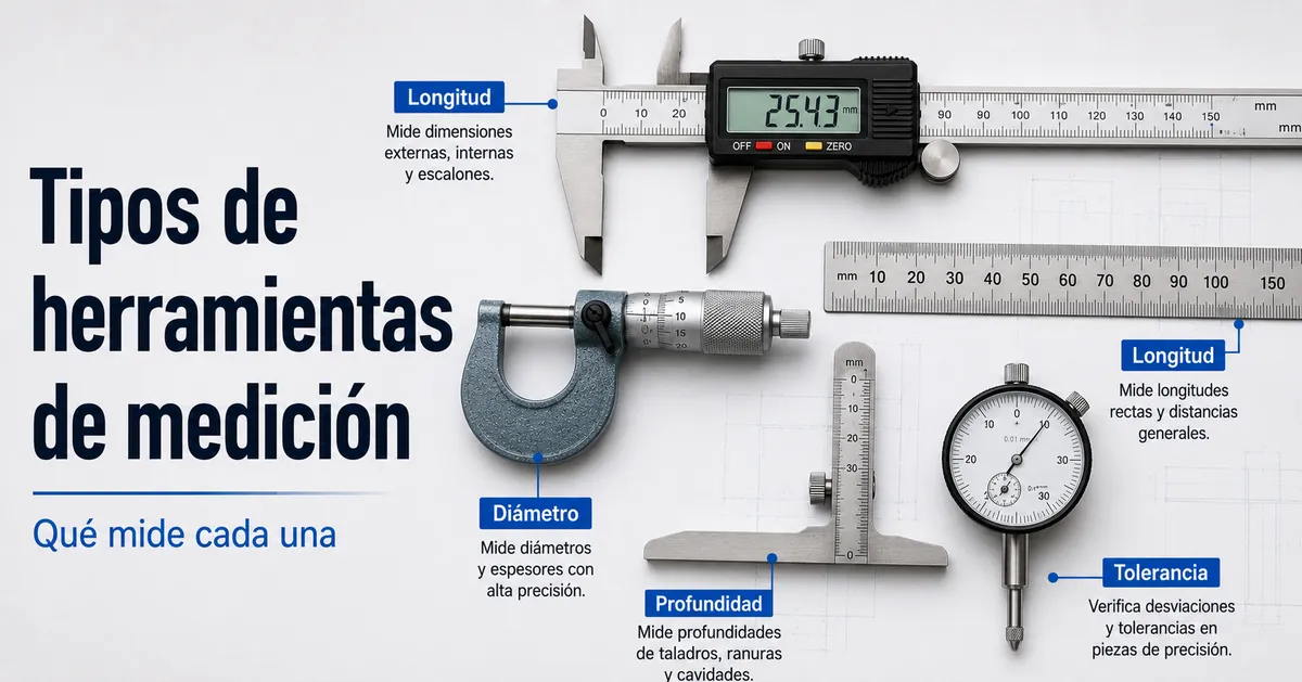 Diferentes tipos de herramientas de medición de precisión mostradas según lo que mide cada una