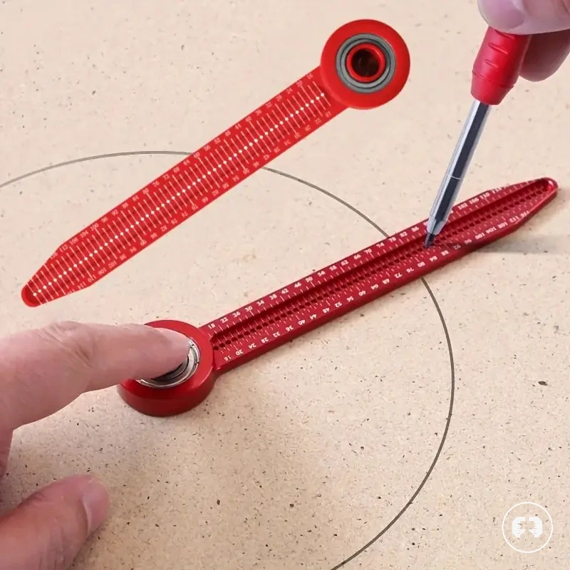 Compas et règle traceuse pour menuiserie avec jauge de trous pour tracer et mesurer des cercles