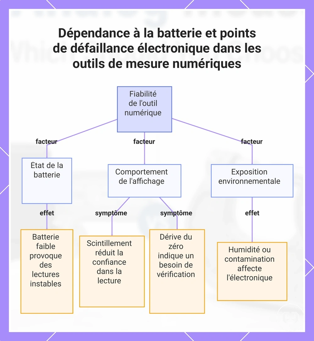 Dépendance à la batterie et points de défaillance électronique dans les outils de mesure numériques