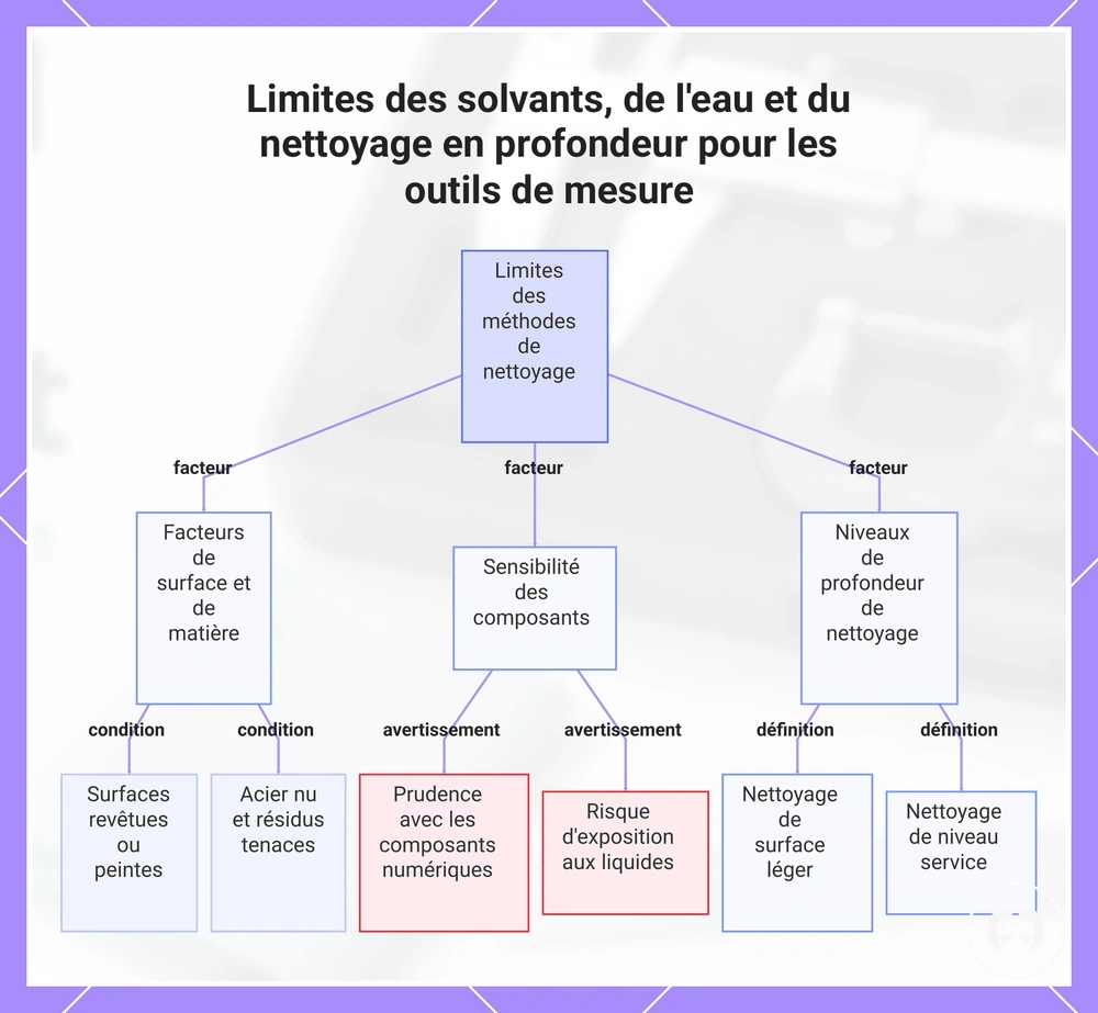 Limites des solvants, de l'eau et du nettoyage en profondeur pour les outils de mesure