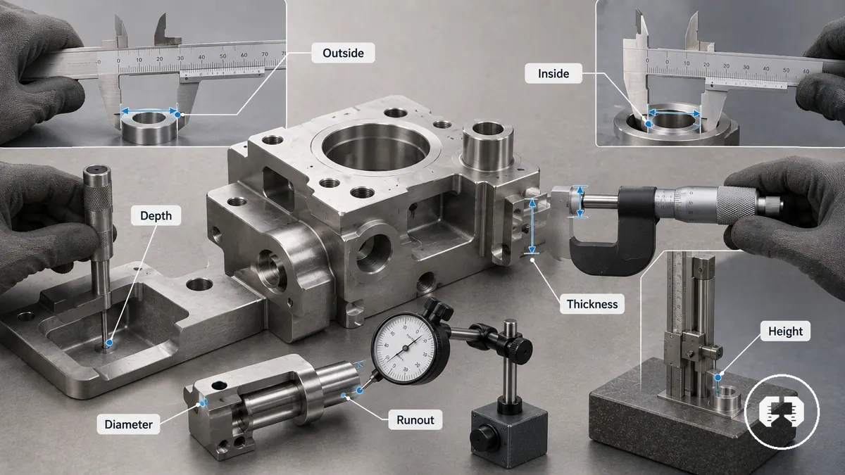 Tâches de mesure d outils de précision étiquetées : extérieur, intérieur, profondeur, diamètre