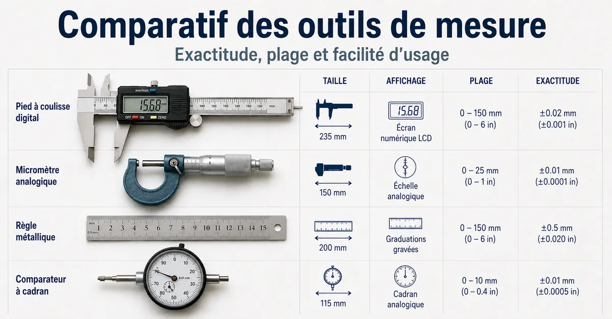 Outils de mesure de précision comparés par taille, type d’affichage, plage de mesure et exactitude