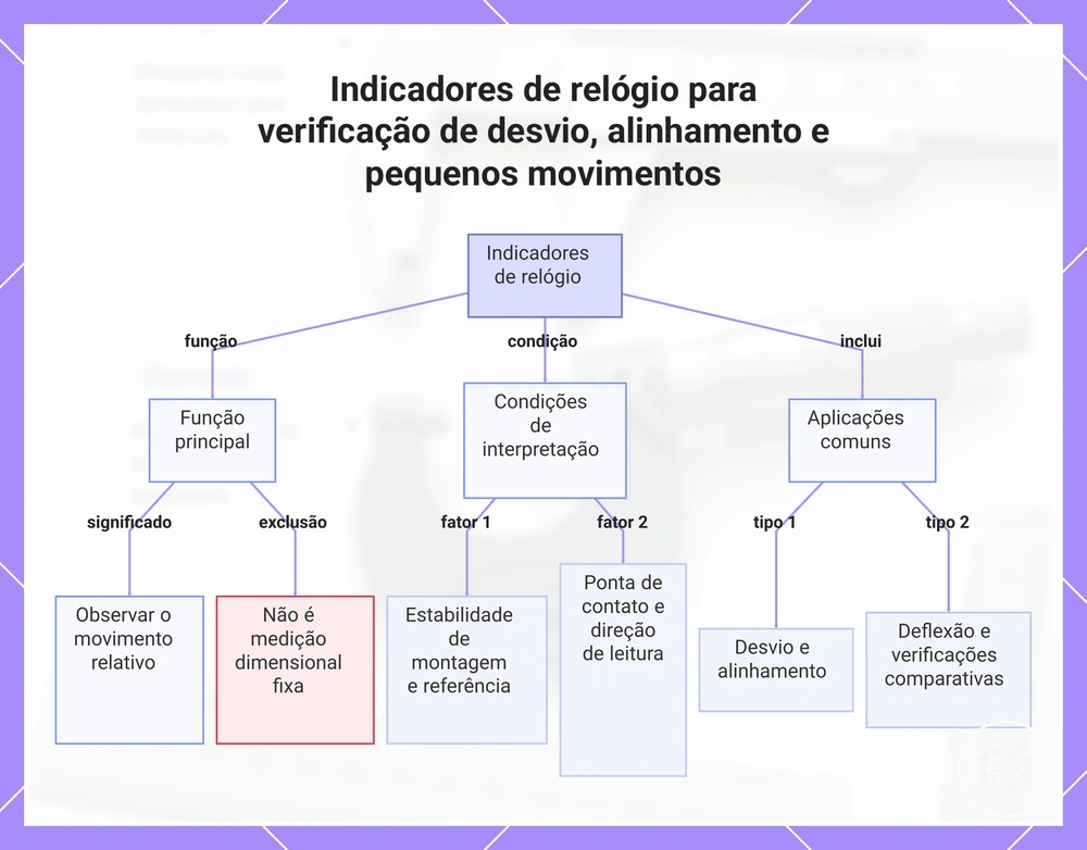 Indicadores de relógio para verificação de desvio, alinhamento e pequenos movimentos