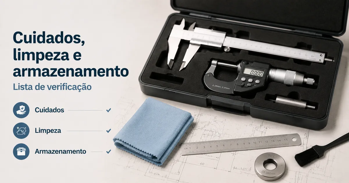 Ferramentas de medição de precisão limpas e guardadas em estojo protetor após o uso