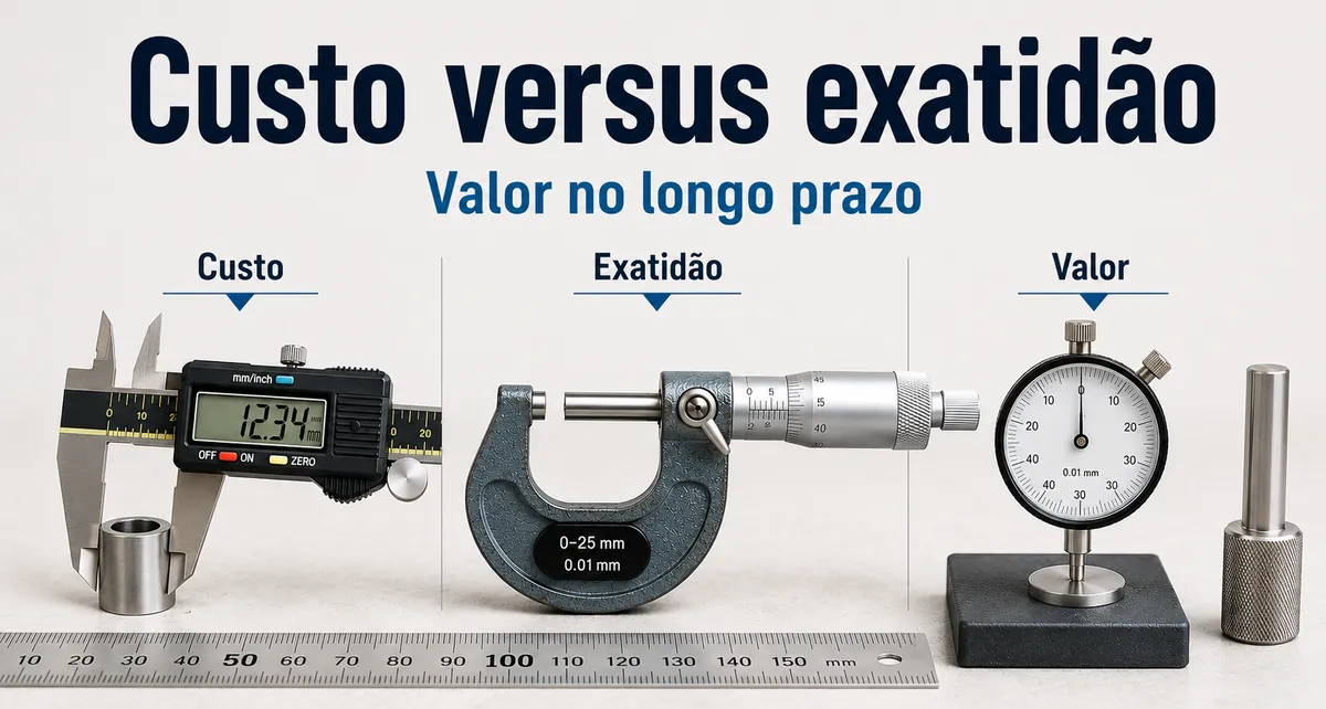 Ferramentas de medição de precisão organizadas para comparar custo, exatidão e valor no longo prazo