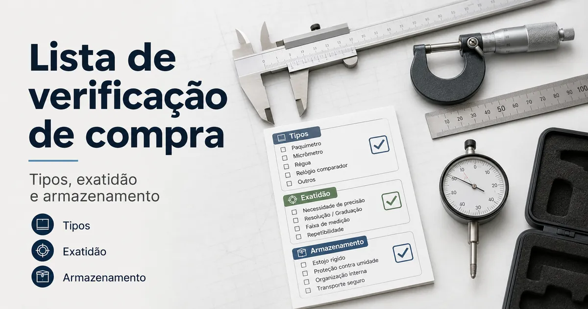 Lista de verificação de ferramentas de medição de precisão com tipos, necessidades de exatidão e opções de armazenamento